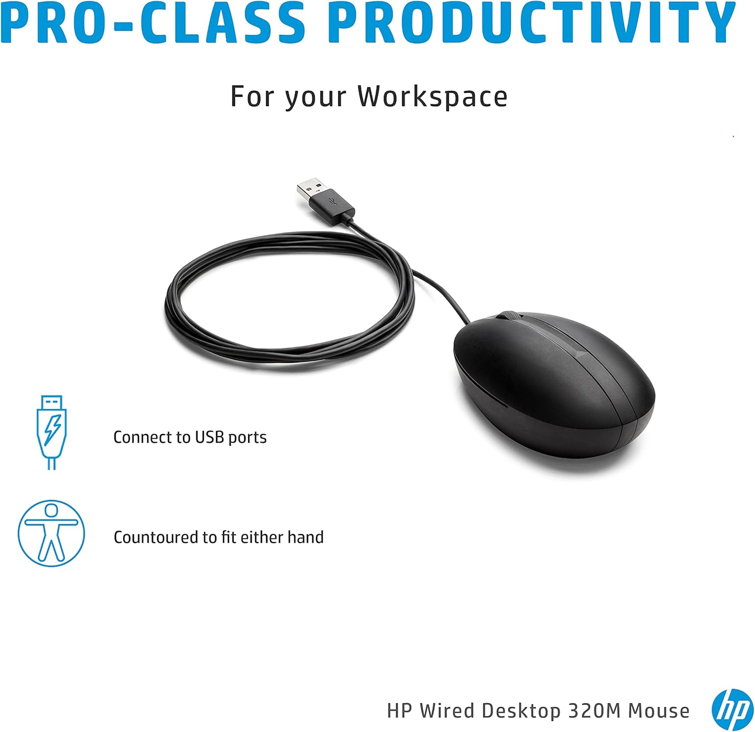 HP Wired Desktop 320M Mouse - Optical - Cable - USB - 1000 dpi - Scroll Wheel - 3 Button(s) - Symmetrical