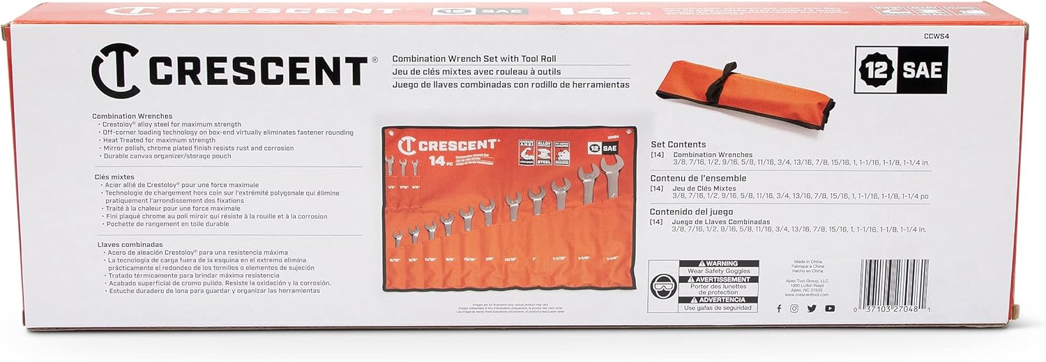 Crescent 14 Piece 12 Point SAE Combination Wrench Set with Tool Roll - CCWS4