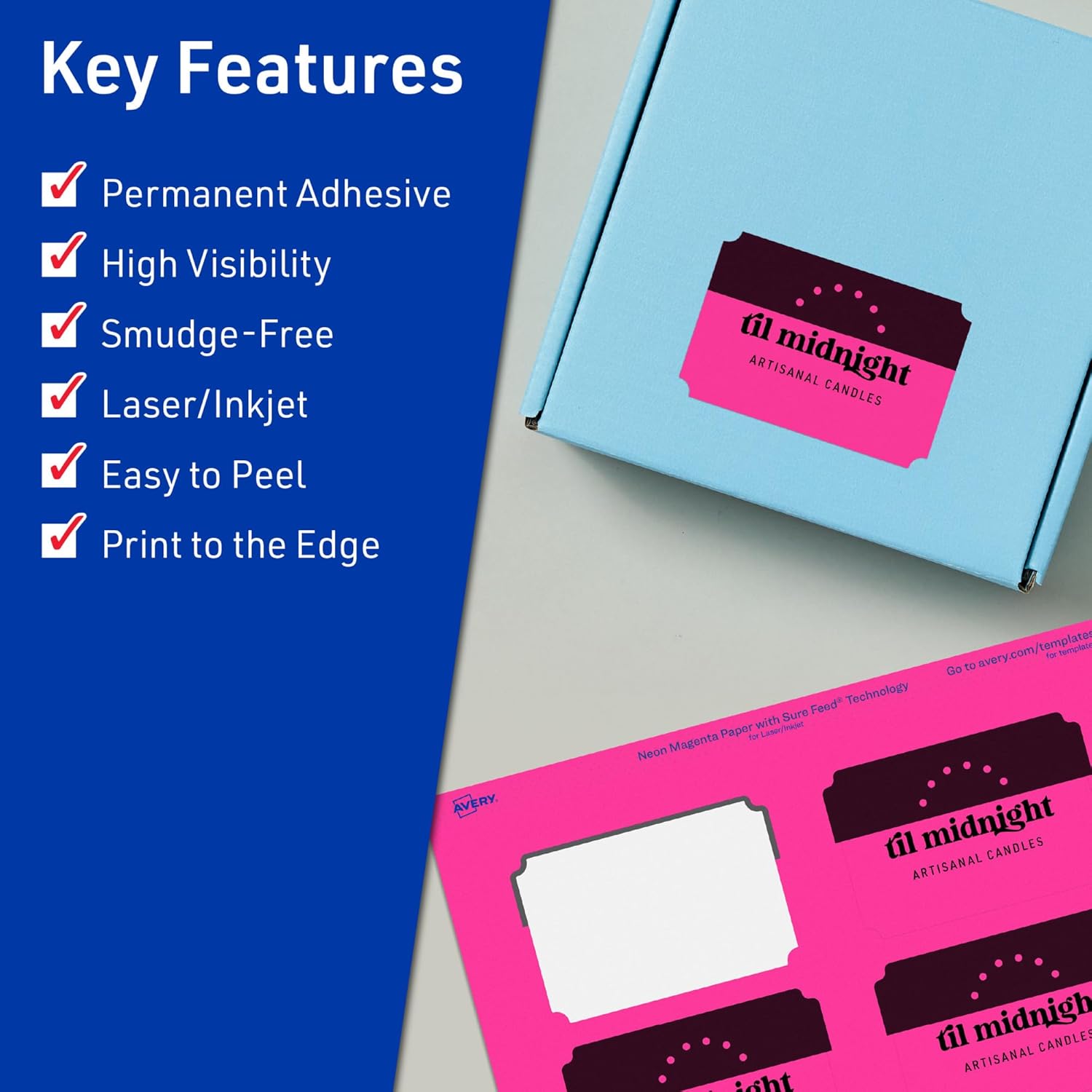 Avery Printable Rectangle Scalloped Labels, Sure Feed Technology, 2" x 3", Neon Magenta, Print-to-The-Edge