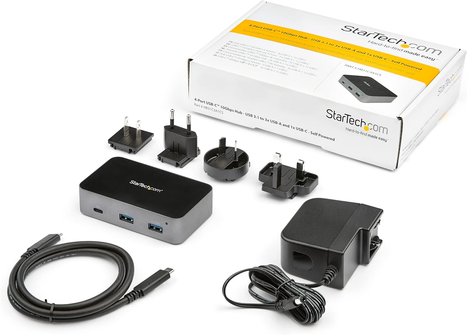 StarTech.com 4-Port USB C Hub - USB 3.2 Gen 2 (10Gbps) - 3x USB-A & 1x USB-C - Powered - Universal Power Adapter Included