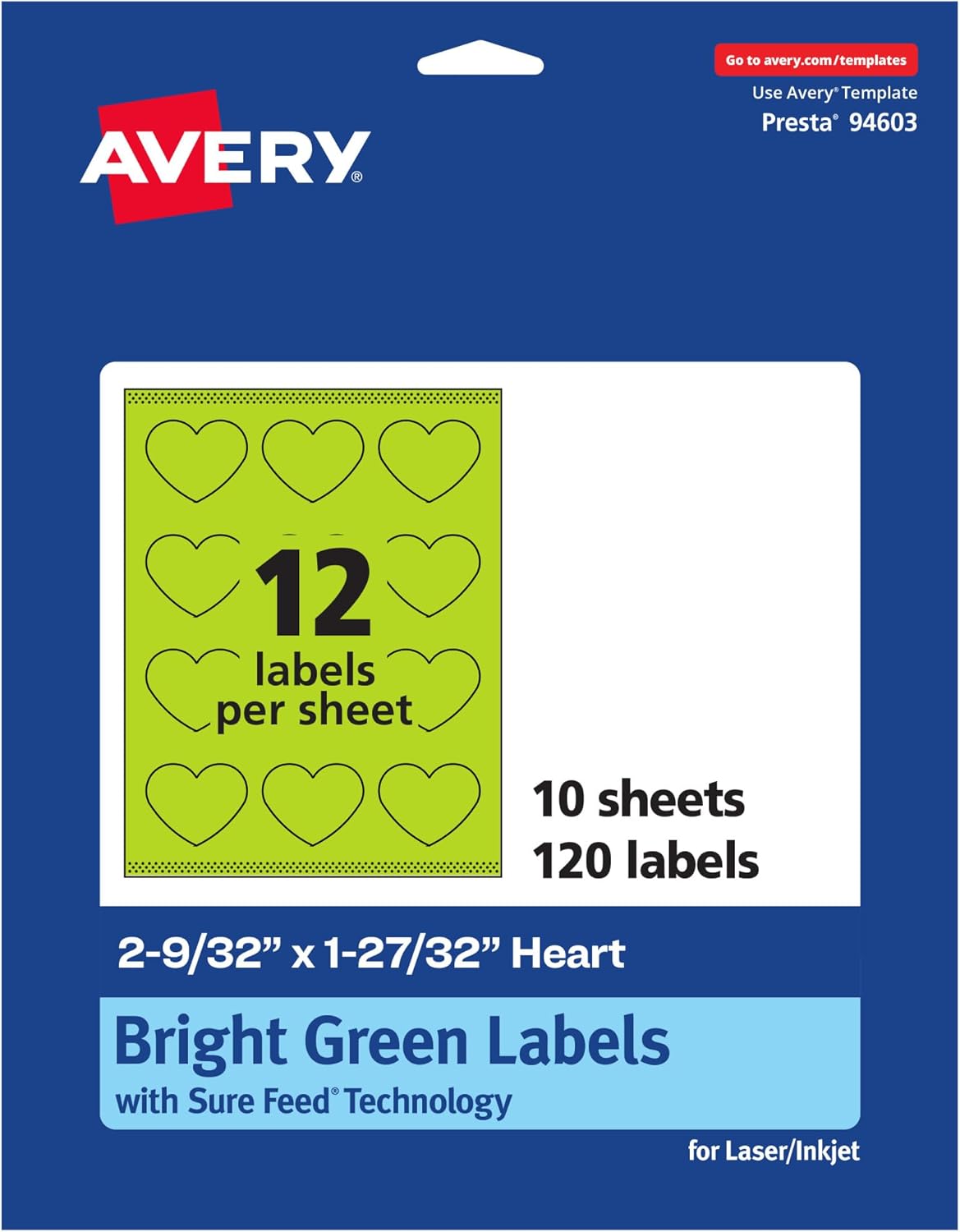 Avery Printable Bright Green Heart Labels, Sure Feed Technology, 2-9/32" x 1-27/32", Print-to-the-Edge, Laser/Inkjet