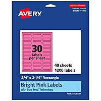 AVERY Printable Rectangle Labels, Sure Feed Technology, 3/4" x 2-1/4", Bright Pink, Print-to-Edge, Laser/Inkjet