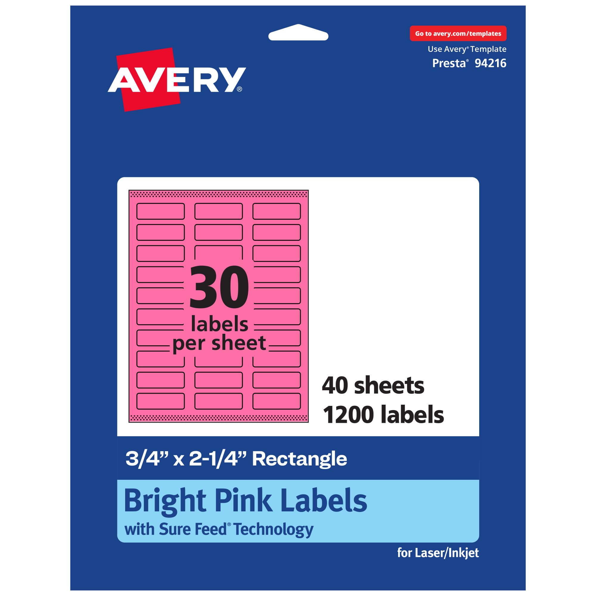 AVERY Printable Rectangle Labels, Sure Feed Technology, 3/4" x 2-1/4", Bright Pink, Print-to-Edge, Laser/Inkjet