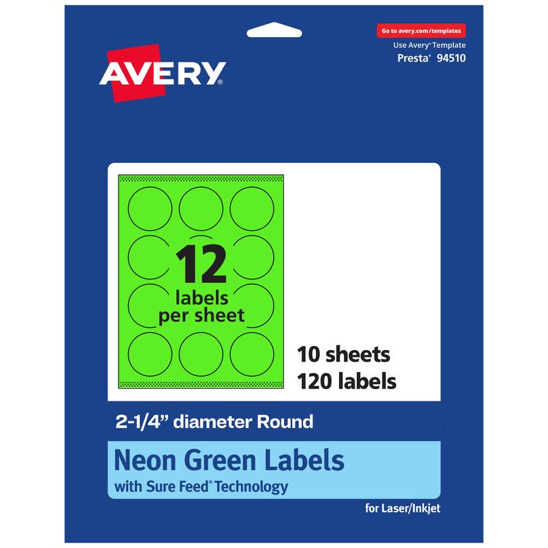 Avery Printable Round Labels, Sure Feed Technology, 2.25" Diameter, Neon Green, Print-to-The-Edge, Laser/Inkjet Printable