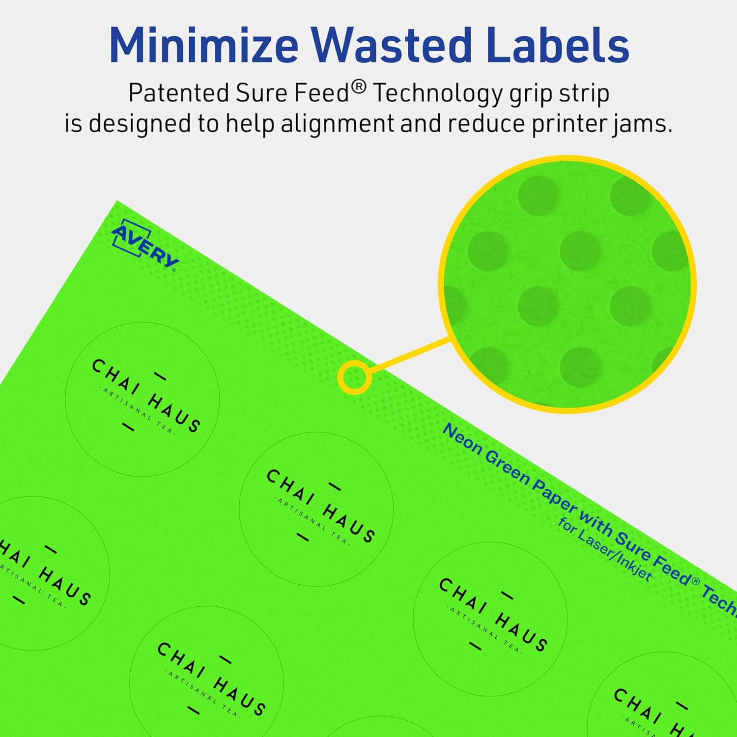 Avery Printable Round Labels, Sure Feed Technology, 1-1/2 in. Diameter, Neon Green, Print-to-The-Edge, Laser/Inkjet Printable