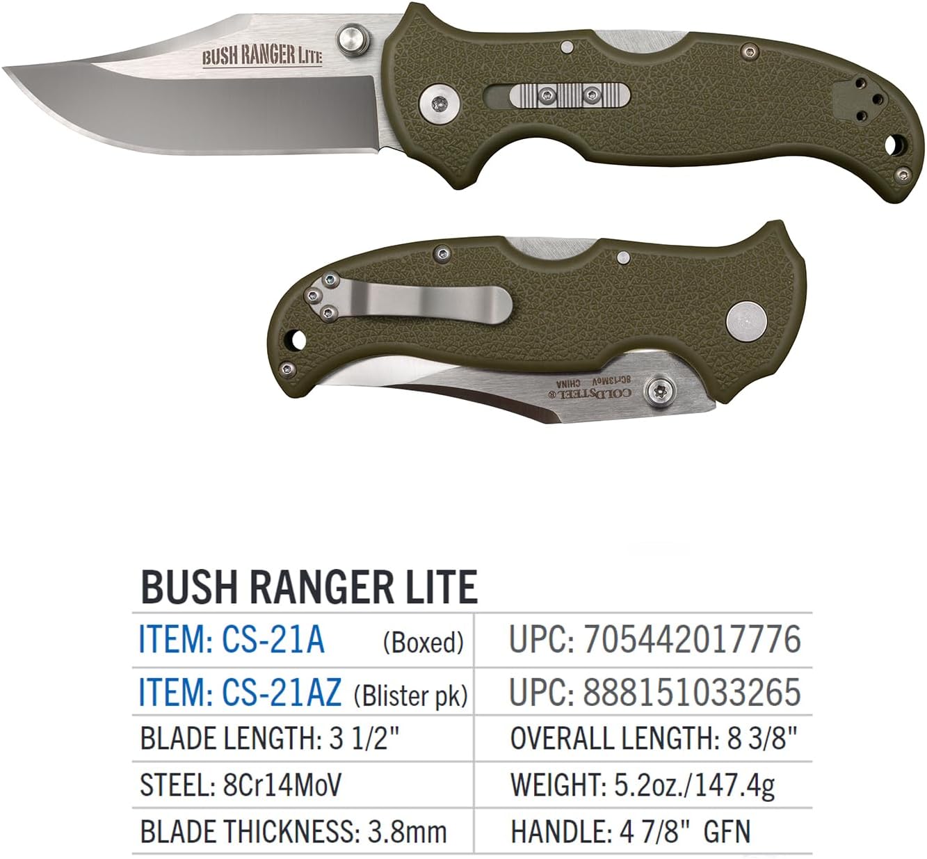 COLD STEEL Bush Ranger Lite 3.5" 8Cr13MoV Folding Knife with GFN Handle and Rocker Lock