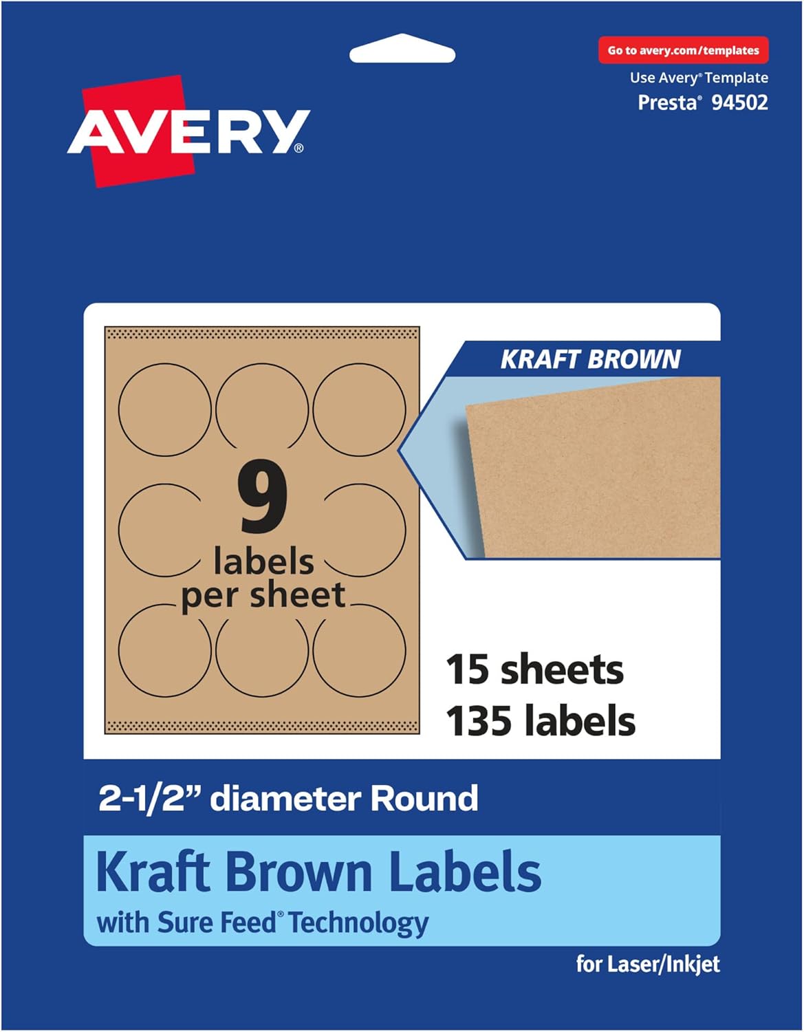 Avery Kraft Brown Round Labels, Sure Feed Technology, 2.5" Diameter, Print-to-The-Edge, Laser/Inkjet Printable