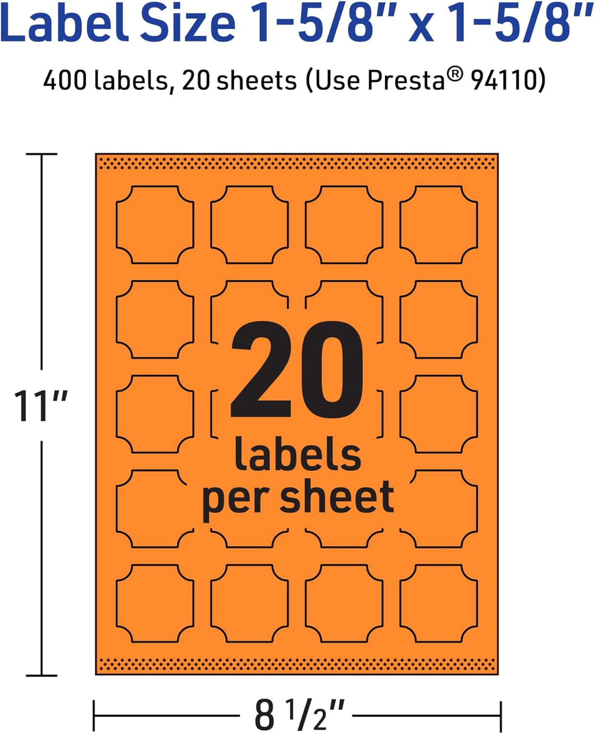 Avery Printable Square Scalloped Labels, Sure Feed Technology, 1-5/8" x 1-5/8", Bright Orange, Print-to-The-Edge