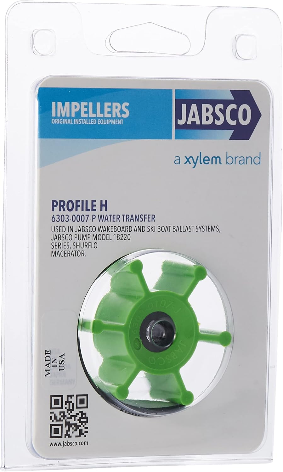 Jabsco 6303-0007-P, Urethane, Drive Type 4, 6 Blade, 2 Diameter, 7/8 Width, 5/16 Shaft, Plastic Insert Impellers