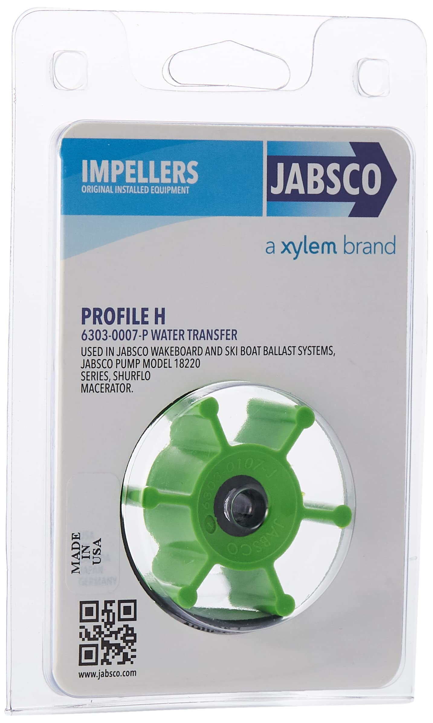 Jabsco 6303-0007-P, Urethane, Drive Type 4, 6 Blade, 2 Diameter, 7/8 Width, 5/16 Shaft, Plastic Insert Impellers