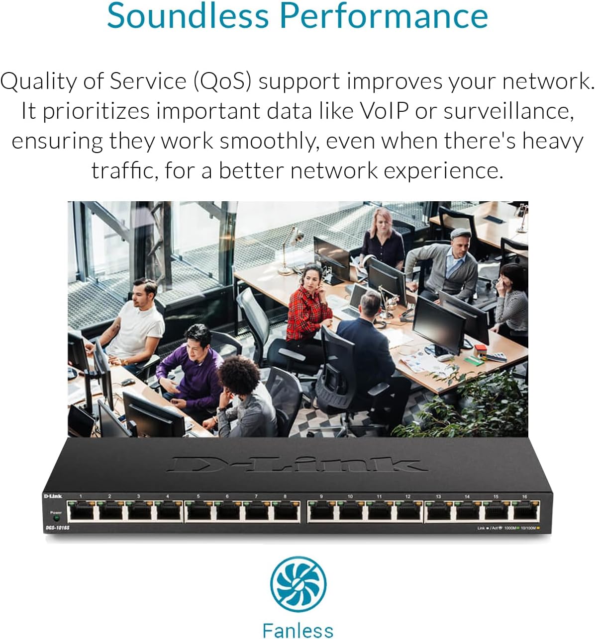 D-Link Ethernet Switch, 16 Port Gigabit Slim Switch Plug and Play, Unmanaged, Metal Housing, Quiet Fanless Design