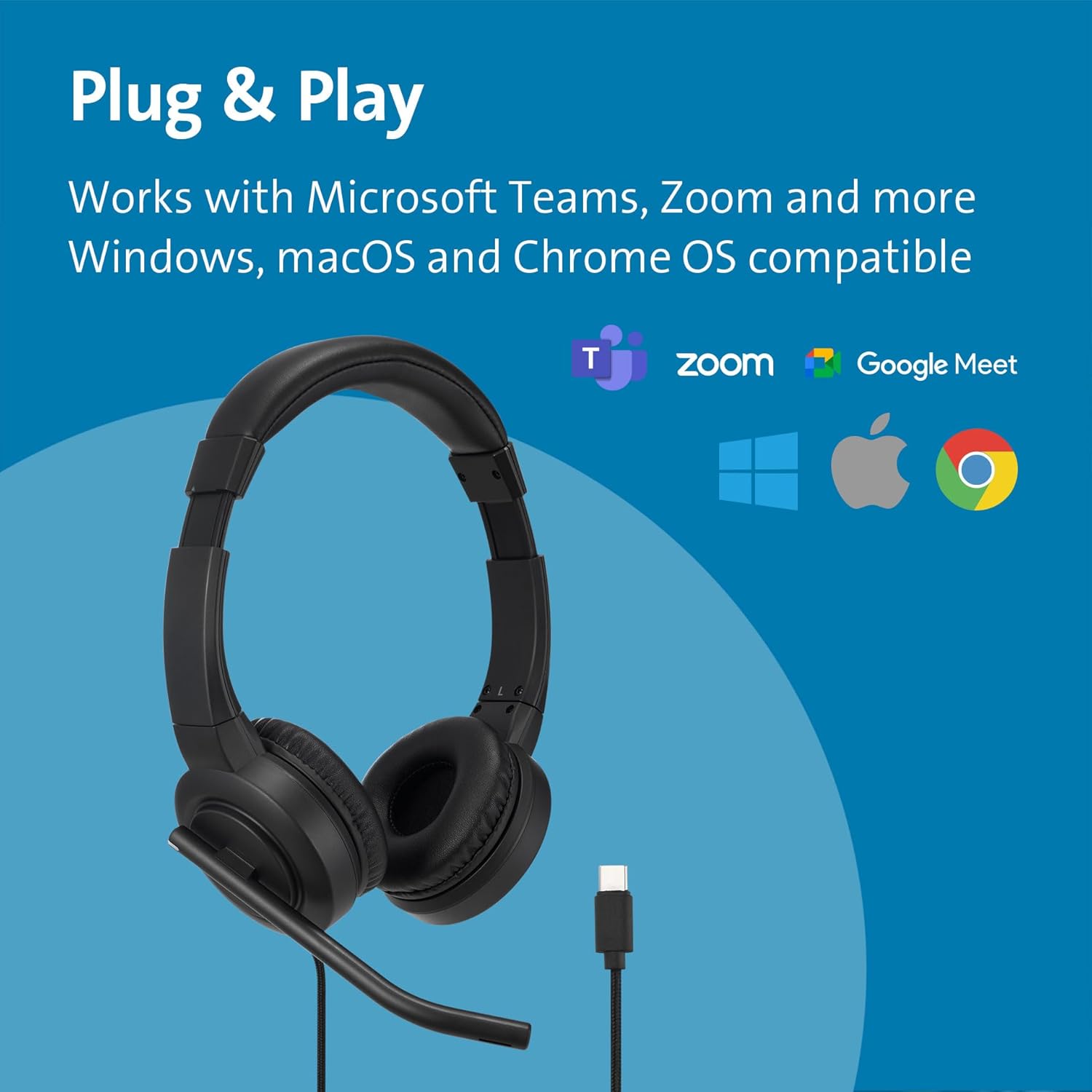 Kensington H1000 USB-C On-Ear Headset, 270° Rotating Noise-Canceling Microphone, Quick Buttons for Volume, Play/Pause, Mute