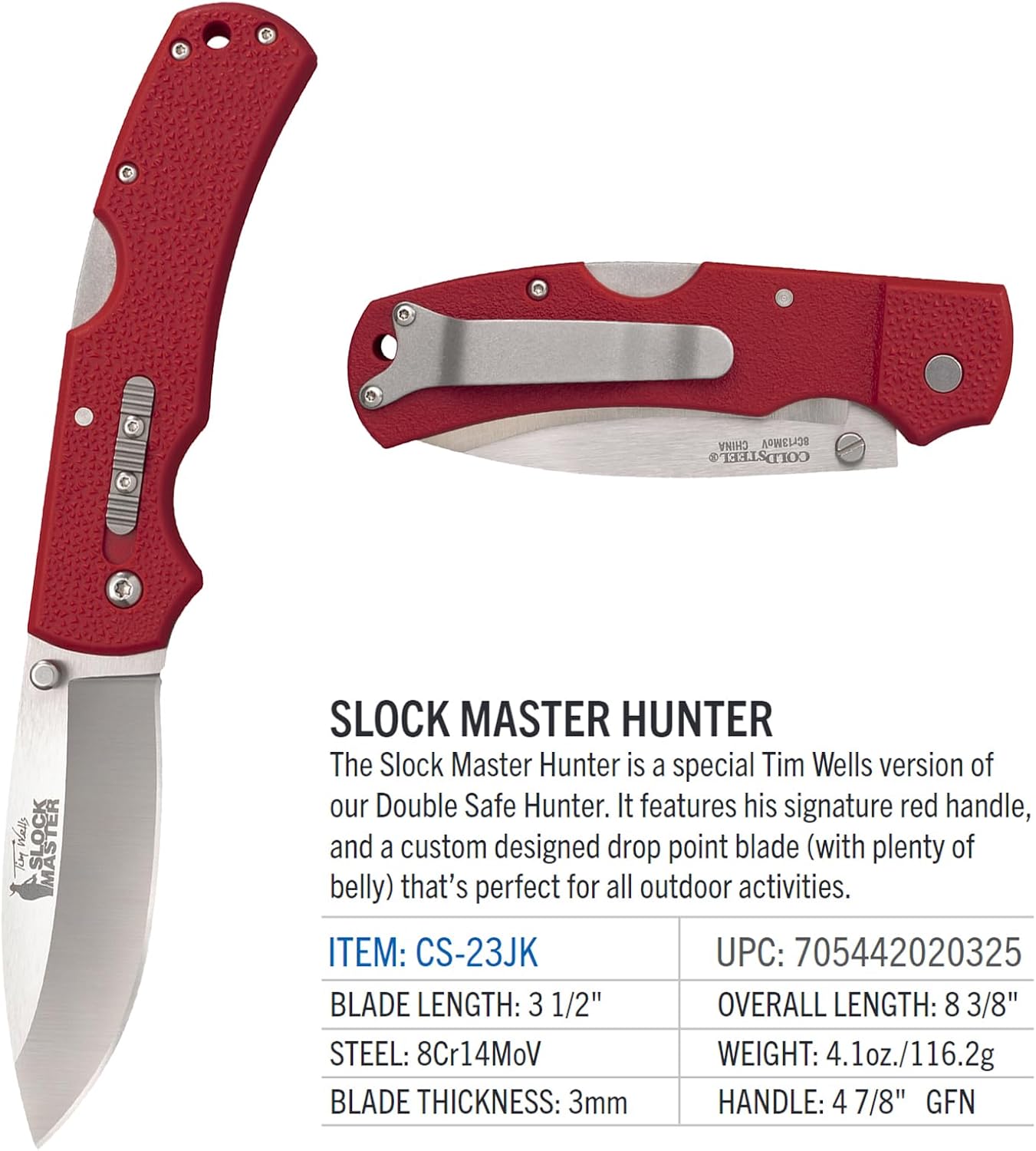 Cold Steel Double Safe Hunter Slock Master 3.5" 8Cr13MoV Drop Point Blade 4.875" GFN Handle Hunting Folding Knife withRocker