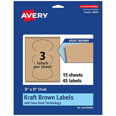 Avery Kraft Brown Oval Labels, Sure Feed Technology, 3" x 5", Print-to-The-Edge, Laser/Inkjet Printable, Permanent Adhesive