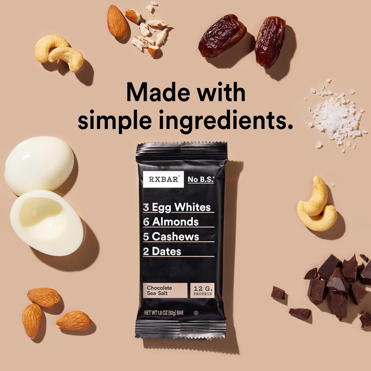RXBAR Protein Bars, Protein Snack, Snack Bars, Chocolate Sea Salt, 22oz Box (12 Bars) Chocolate Sea Salt 1.83 Ounce (Pack of