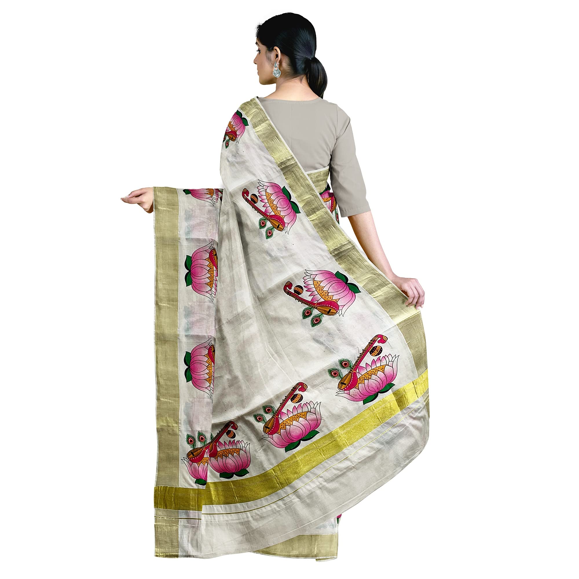 Kuthampully Kerala Sarees For Women | Printed Onam Saree For Women | Multicolor Tissue Mural Cotton Saree | Traditional South Indian Sarees | Authentic Women's Zari Kasavu | EKM-486 | Pack Of 1