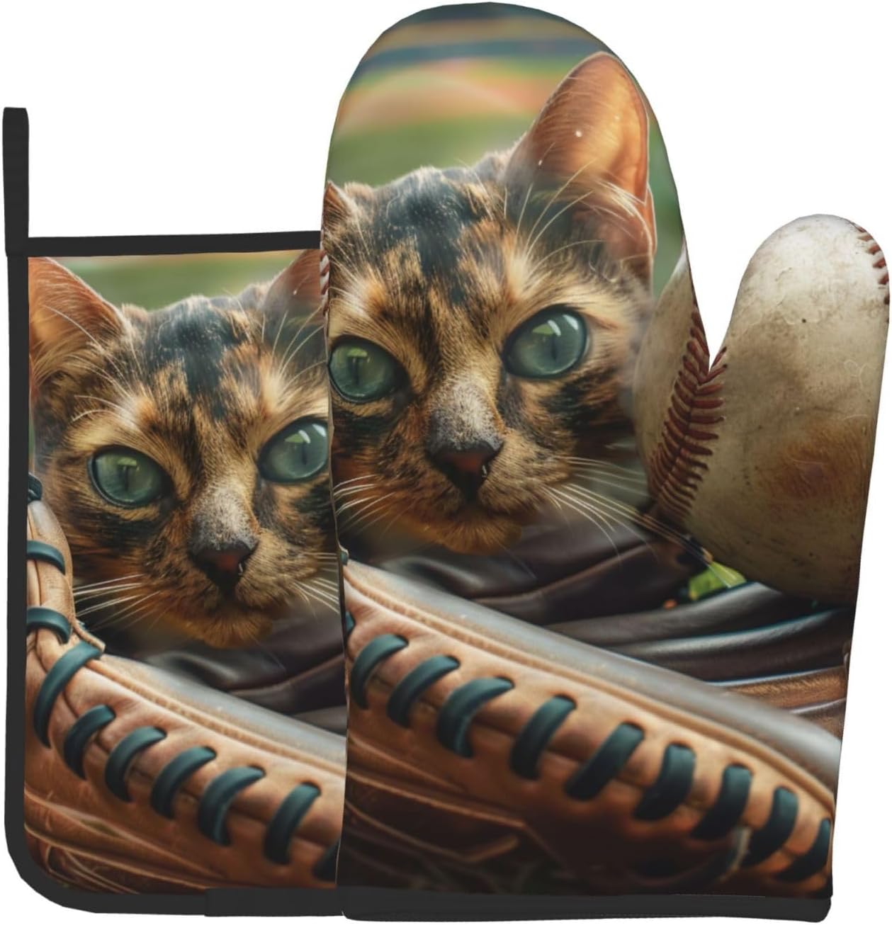 Baseball Printed Oven Mitts and Pot Holders Set of 2 - Heat Resistant, Waterproof Fabric - Ideal for Kitchen, Baking