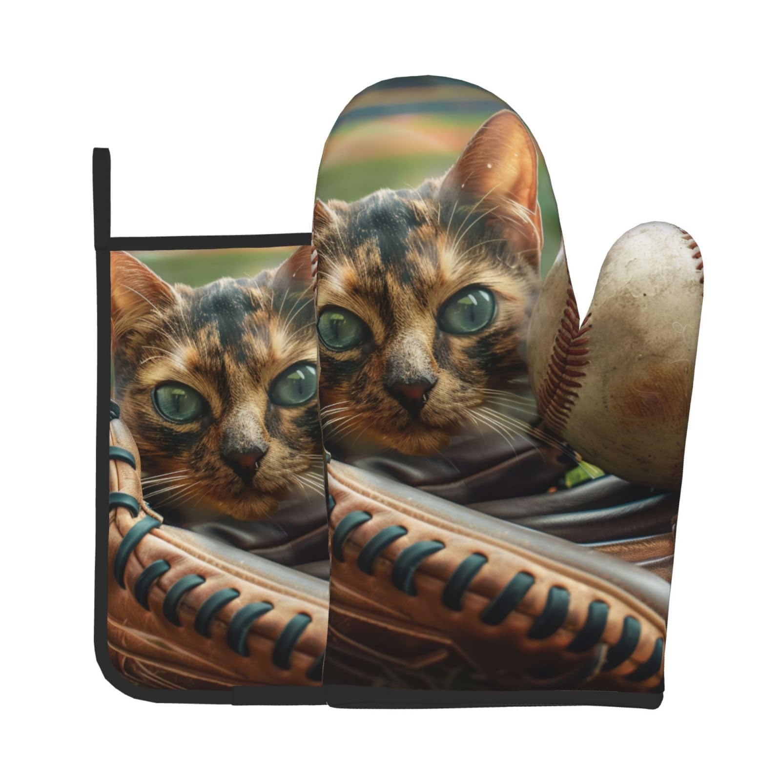 Baseball Printed Oven Mitts and Pot Holders Set of 2 - Heat Resistant, Waterproof Fabric - Ideal for Kitchen, Baking