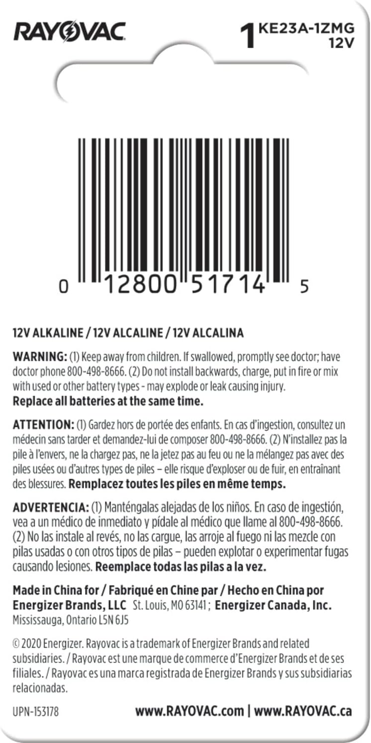 Rayovac 12V Batteries, Keyless 12 Volt Battery Alkaline, 1 Count 1 Count (Pack of 1)