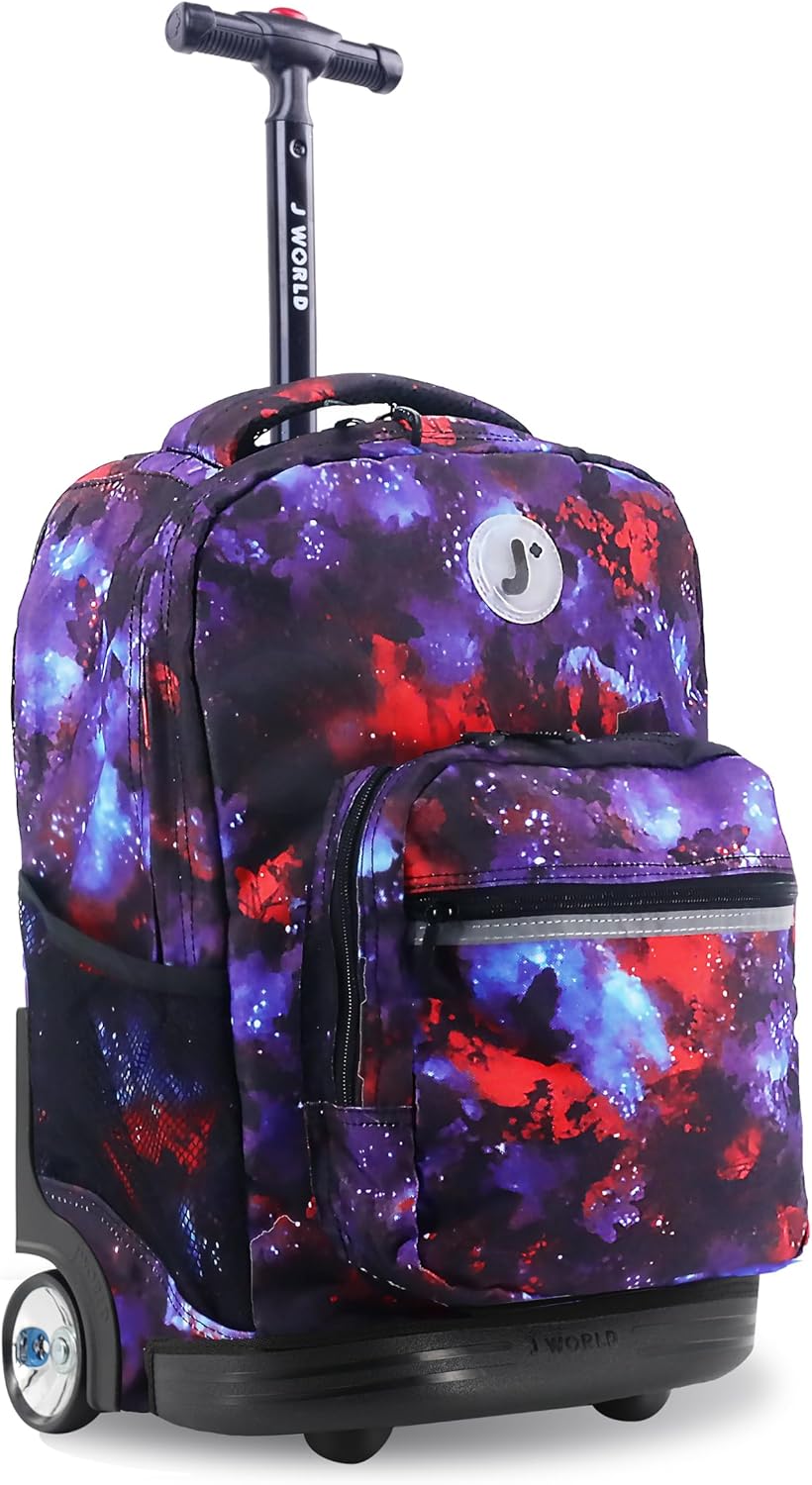 J World New York Sunrise Kids Rolling Backpack for Girls Boys Teen. Roller Bookbag with Wheels, Galaxy, 18"