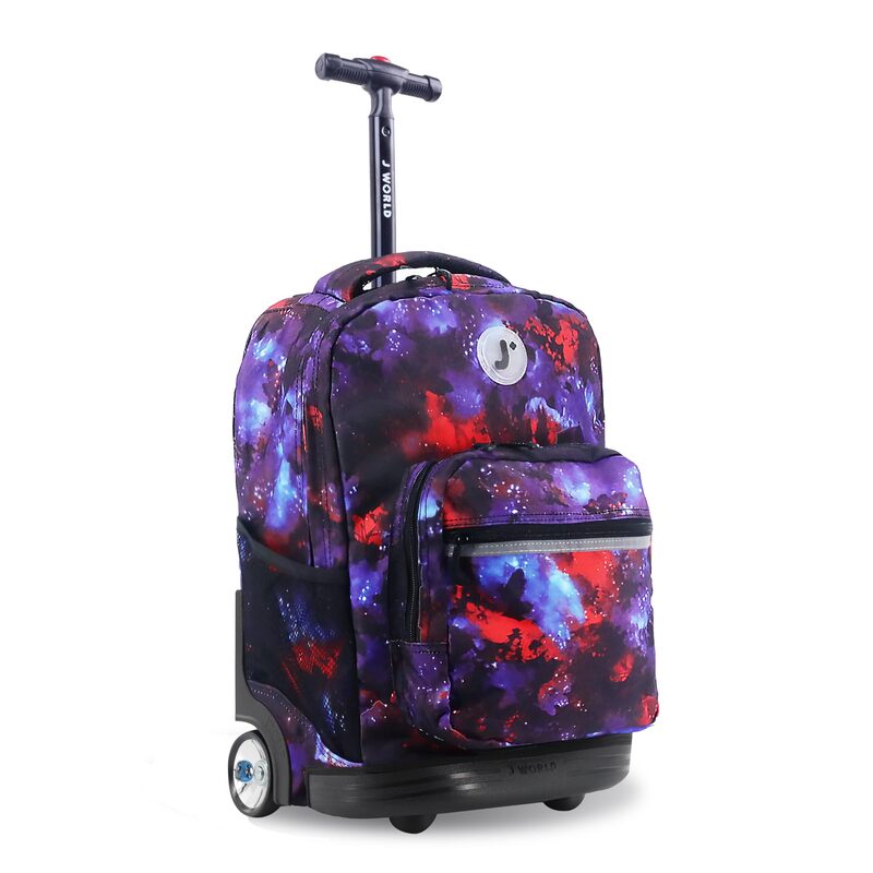 J World New York Sunrise Kids Rolling Backpack for Girls Boys Teen. Roller Bookbag with Wheels, Galaxy, 18"