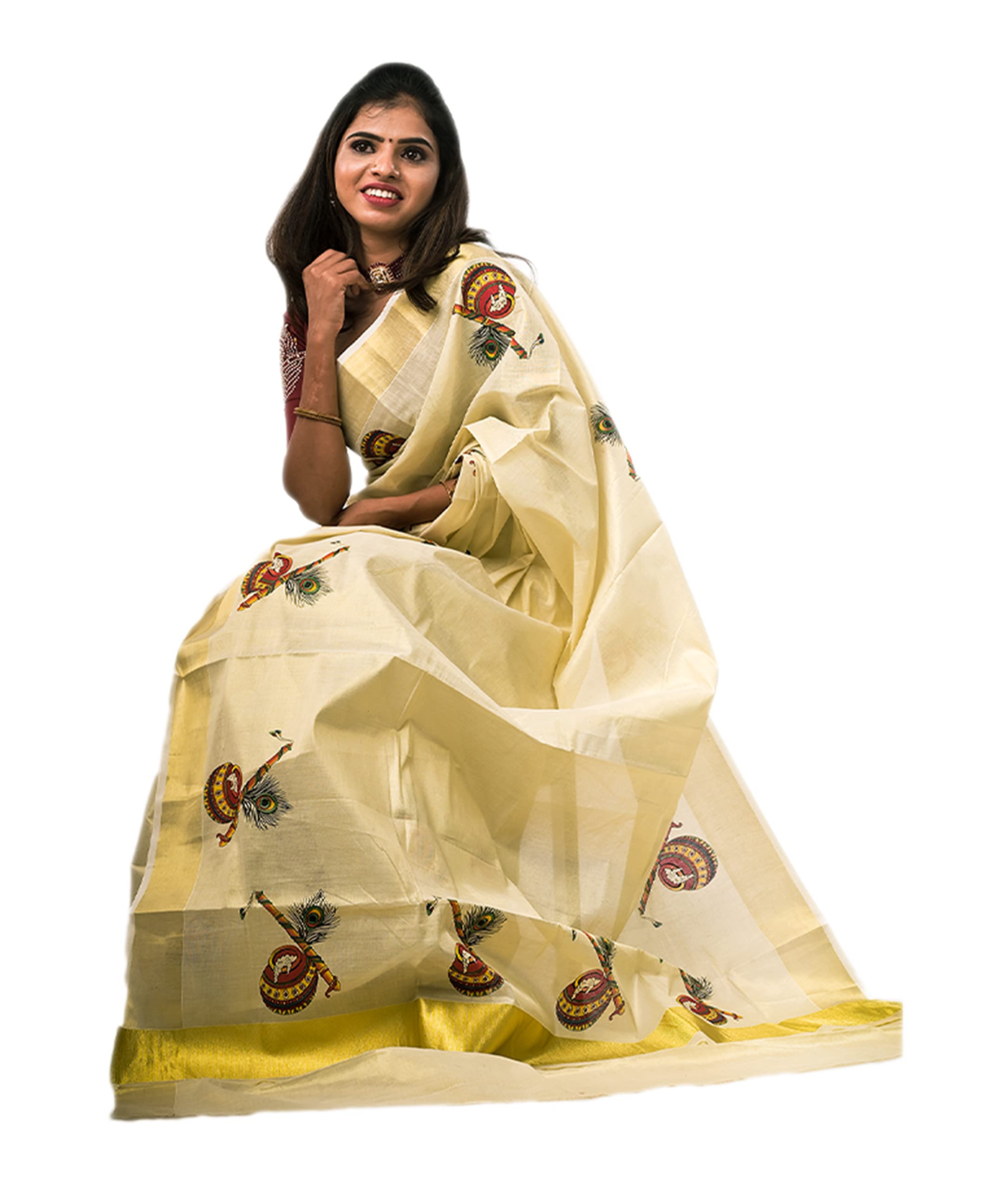 Women's Kuthampully Kerala Kasavu Saree Tissue Mural Painted | Traditional South Indian Saree | Onam Saree - Multi Color BOM-655