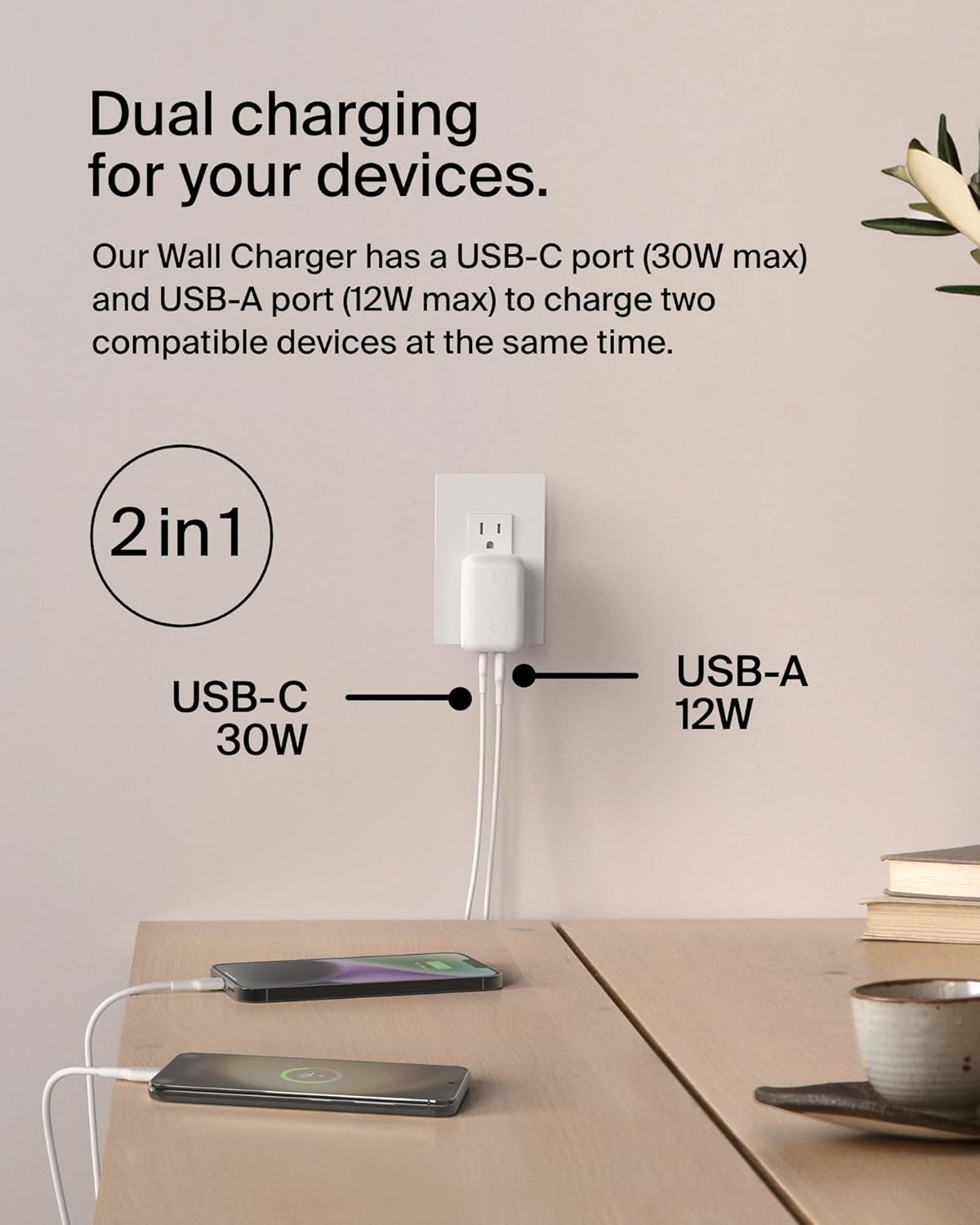 Belkin Dual Port Charger Block 42W, USB-C + USB-A Charger - Super Fast Charging - Samsung Galaxy S25, Apple iPhone 16, 15