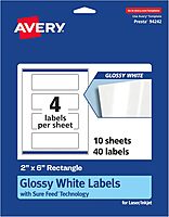 Avery Glossy White Rectangle Labels, Sure Feed Technology, 2" x 6", 40 Glossy White Labels, Print-to-The-Edge, Permanent Adhesive, Laser/Inkjet Printable 40 labels