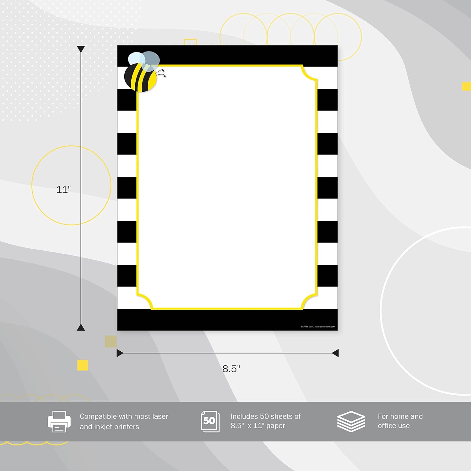 Barker Creek Designer Computer Paper, Wide Stripes With Bee, 8.5” x 11”, Decorative Printer Paper, 50 Sheets
