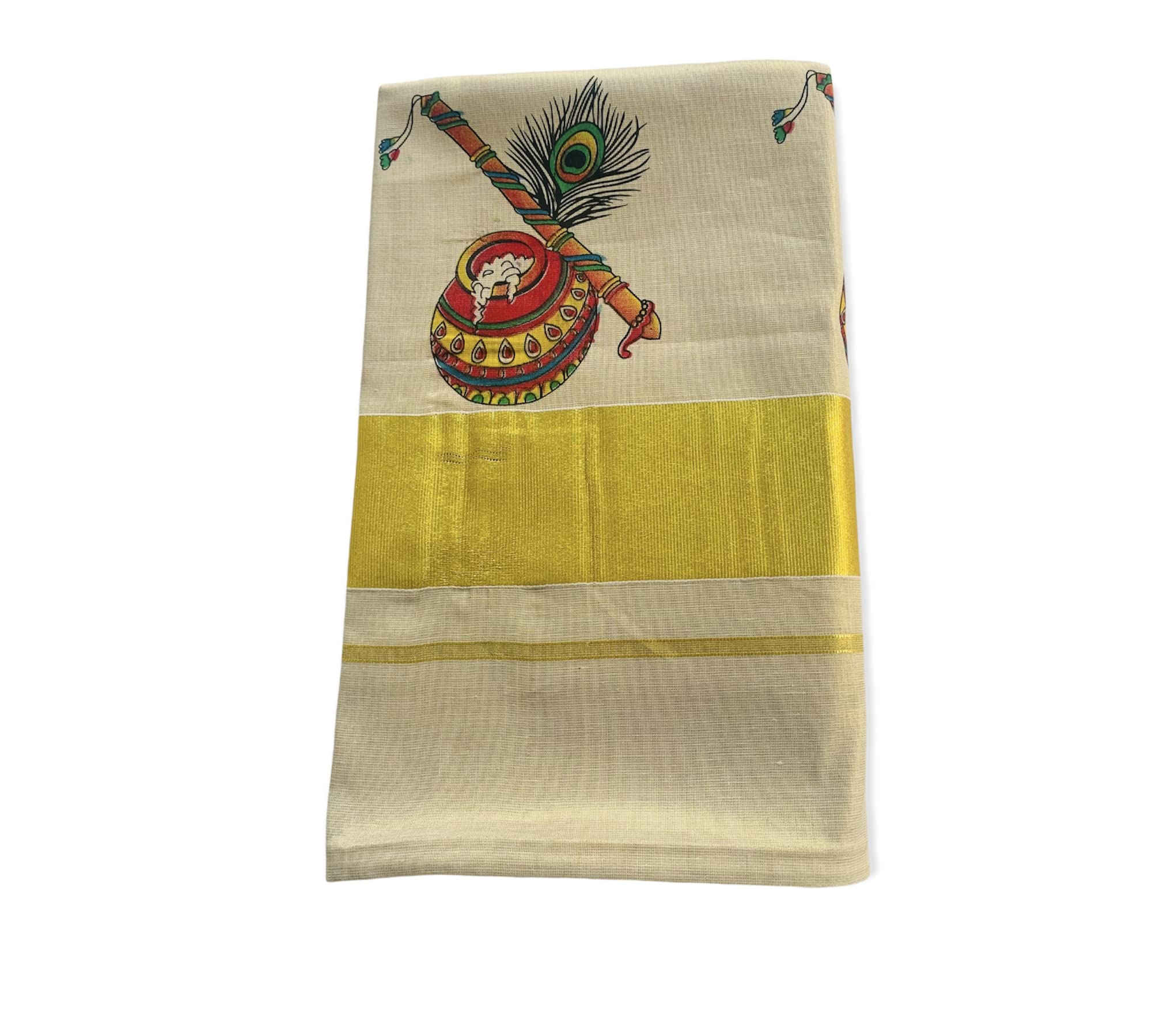 Women's Kuthampully Kerala Kasavu Saree Tissue Mural Painted | Traditional South Indian Saree | Onam Saree - Multi Color BOM-655