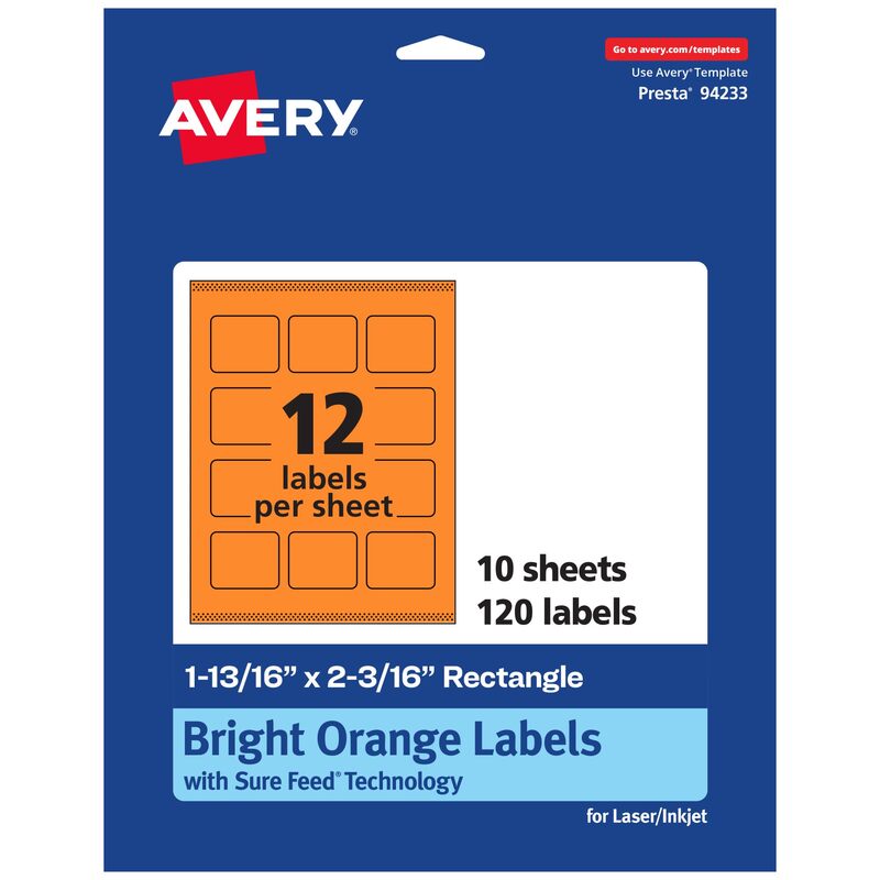 Avery Bright Orange Rectangle Labels, 1-13/16" x 2-3/16", Sure Feed Technology