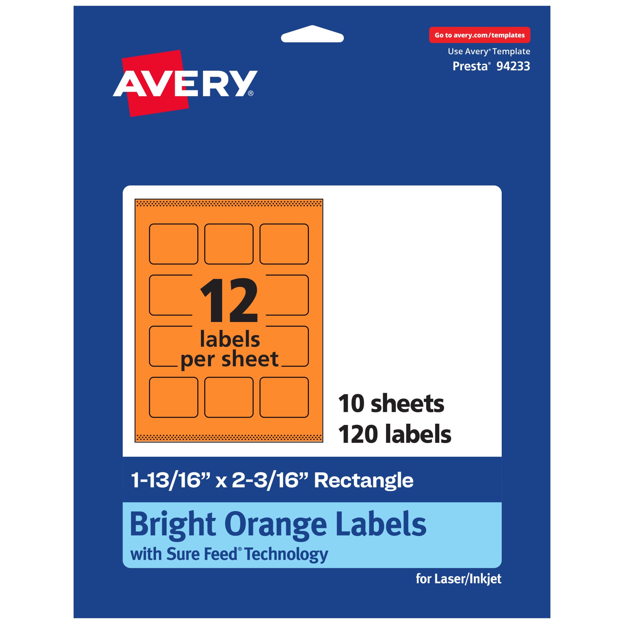 Avery Bright Orange Rectangle Labels, 1-13/16" x 2-3/16", Sure Feed Technology