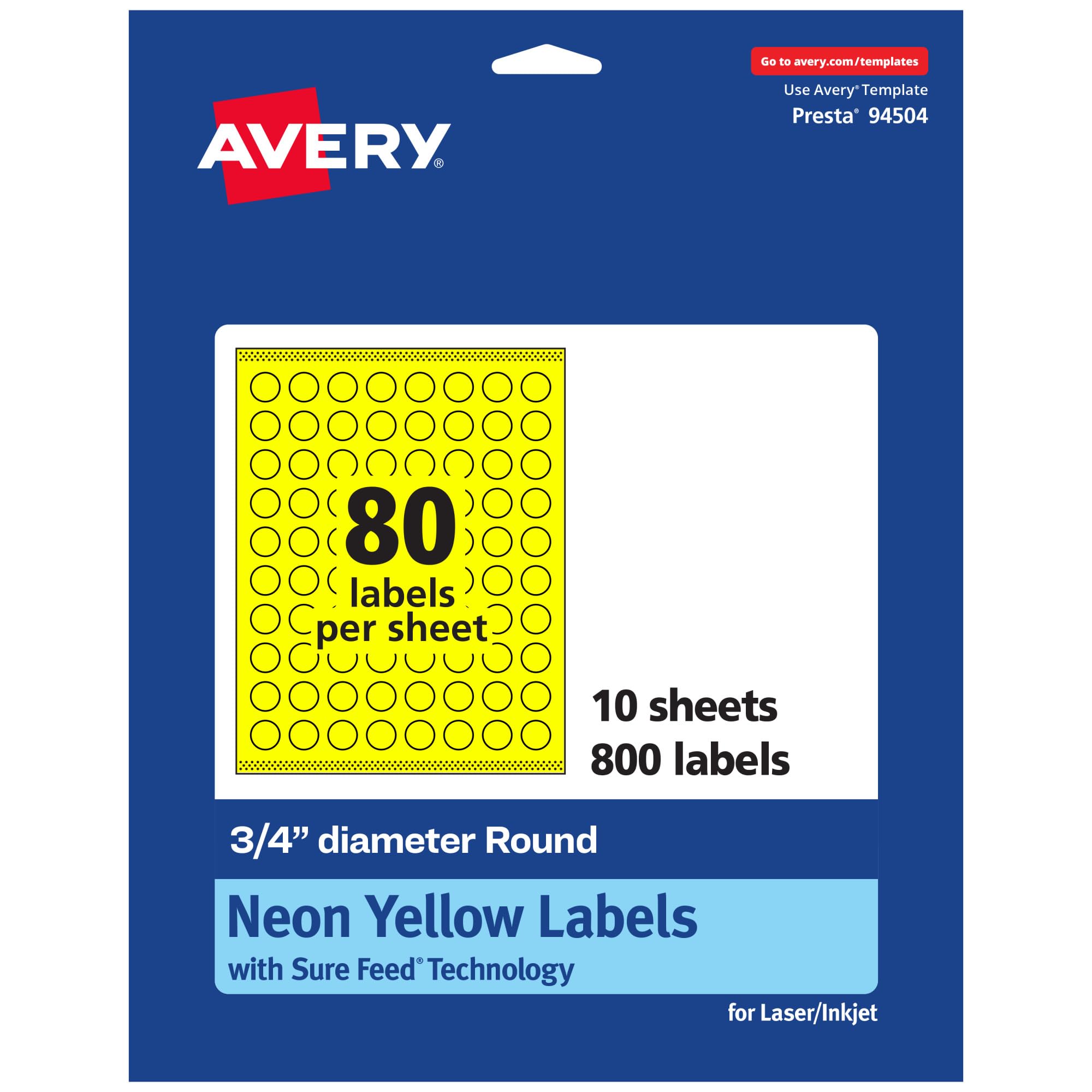 Avery Printable Round Labels, Sure Feed Technology, 3/4" Diameter, Neon Yellow, Print-to-The-Edge, Laser/Inkjet