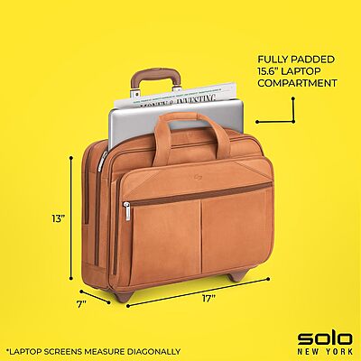 Solo New York Leather Rolling Case with Wheels - Roller Laptop Bag, Wheeled Briefcase for Women & Men, Carry On Size for Travel, Fits 15.6" Computer - Walker, Tan