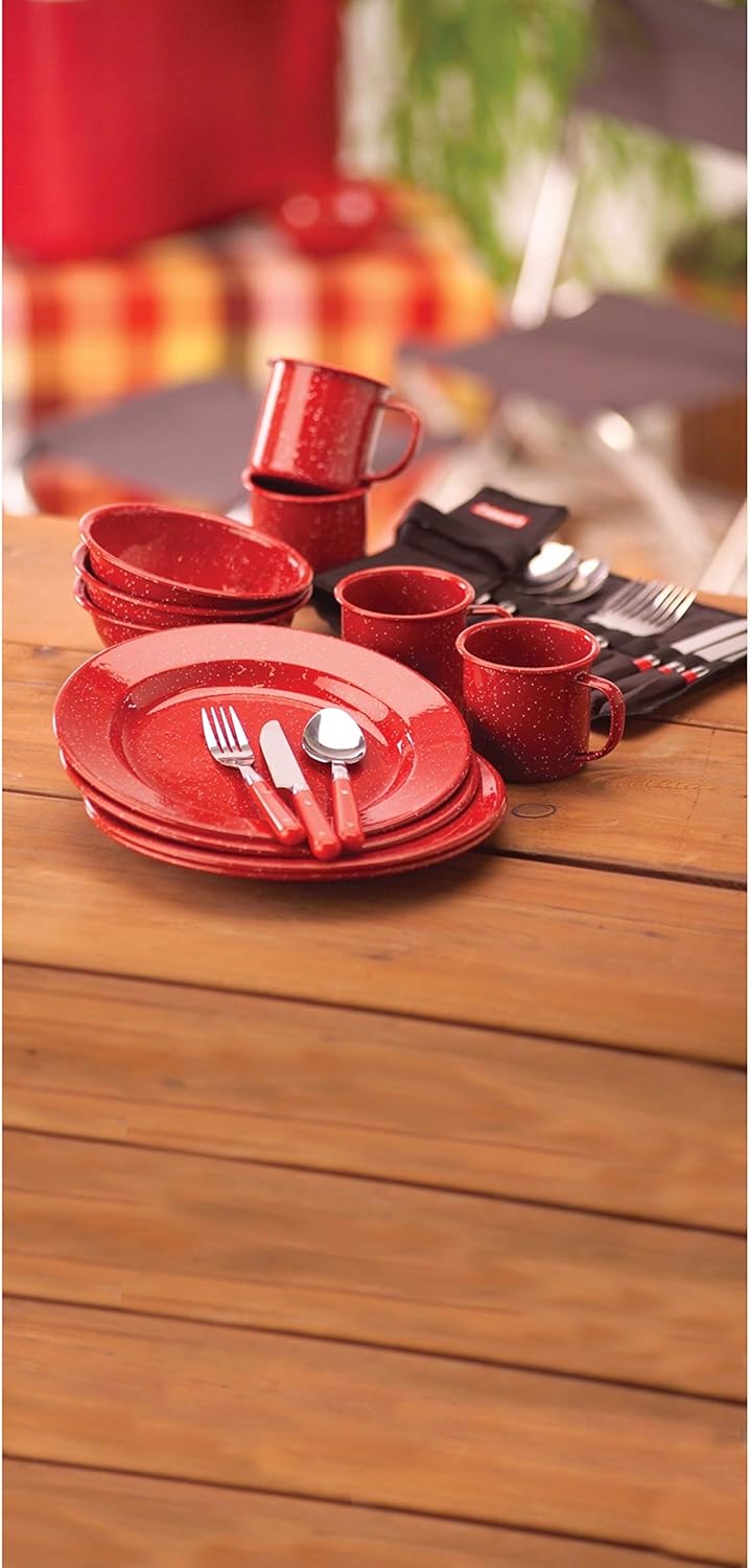 Coleman 24-Piece Enamel Dinnerware Set for Outdoor Dining, Dishwasher Safe, Full Dinnerware & Flatware Set for 4 People