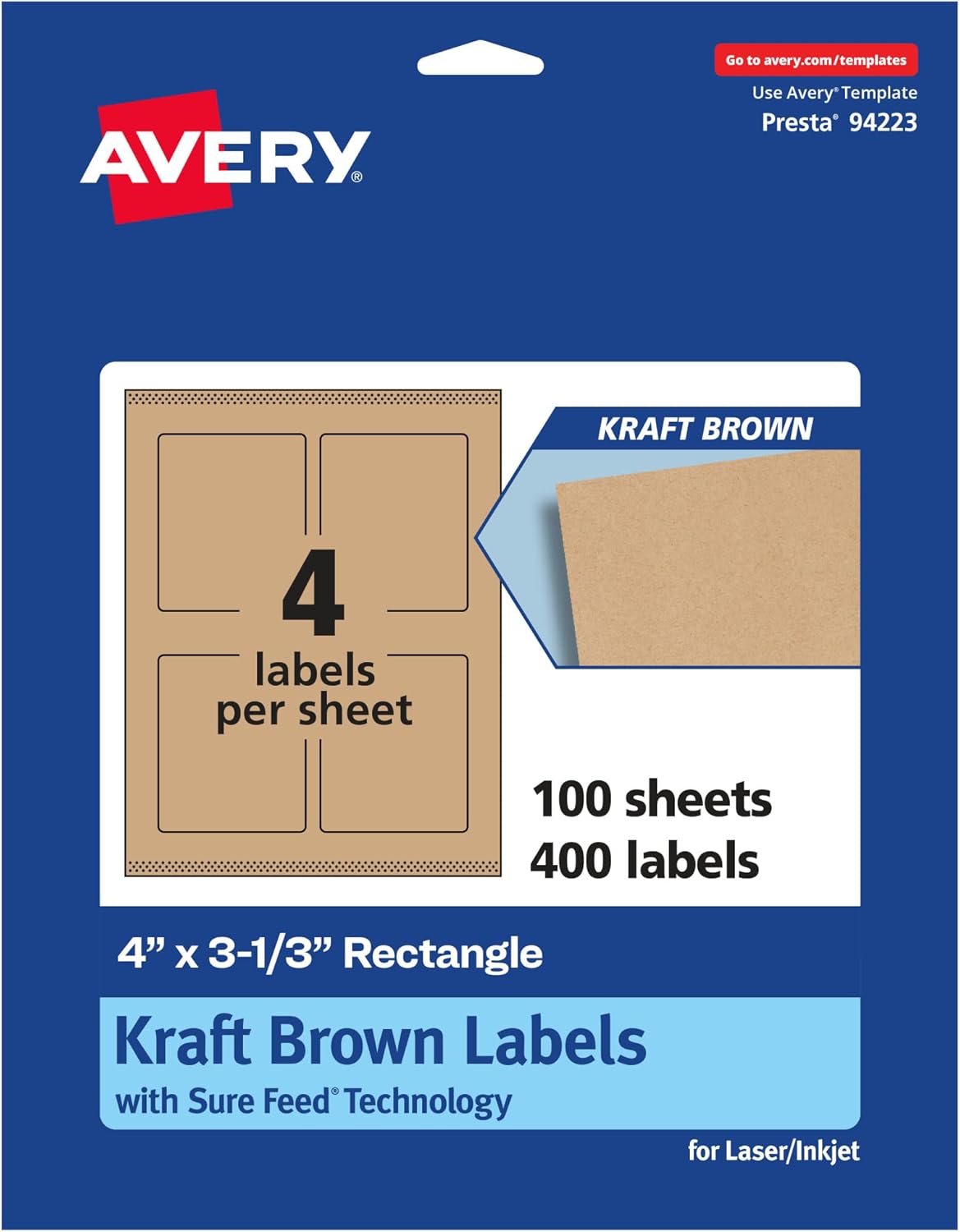 Avery Kraft Brown Rectangle Labels, Sure Feed Technology, 4" x 3-1/3", Print-to-the-Edge, Laser/Inkjet Printable