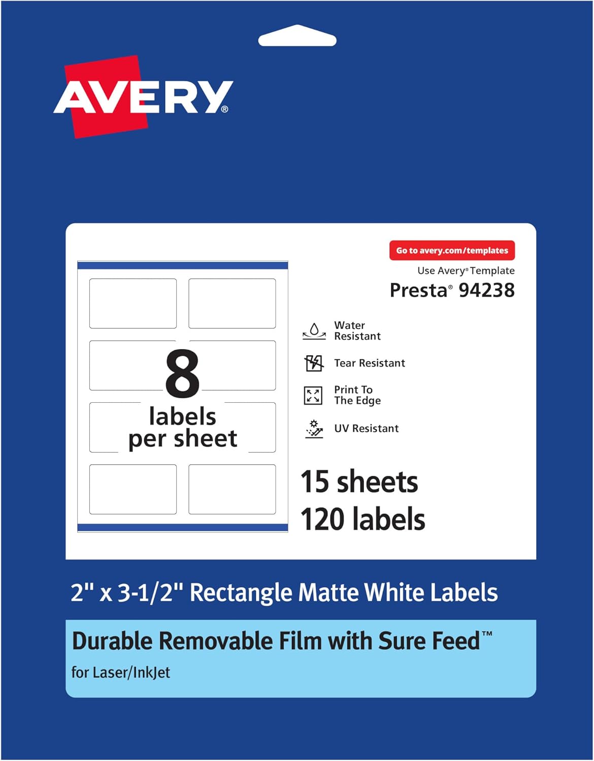 Avery Durable Removable Rectangle Labels, Sure Feed Technology, 2" x 3.5", Matte White Film, Water-Resistant - A05A13