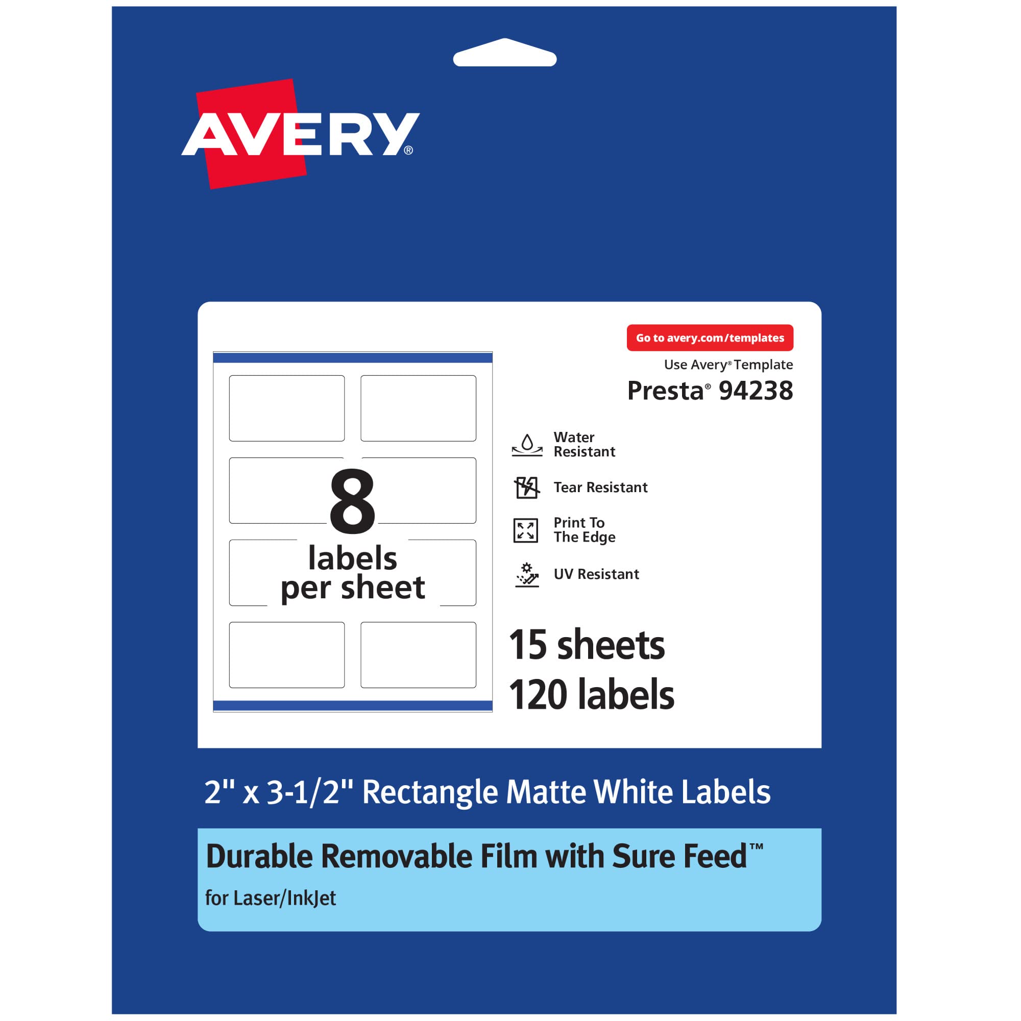 Avery Durable Removable Rectangle Labels, Sure Feed Technology, 2" x 3.5", Matte White Film, Water-Resistant - A05A13