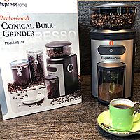 Espressione Professional Conical Burr Coffee Grinder, 8.5-Oz Hopper, 15-Level, Black/Silver