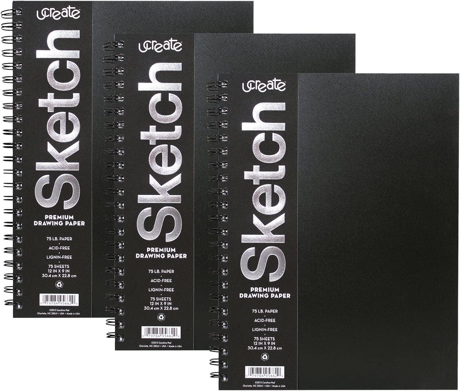 UCREATE Poly Cover Sketch Book, Heavyweight, 12" x 9", 75 Sheets, Pack of 3, Black, White