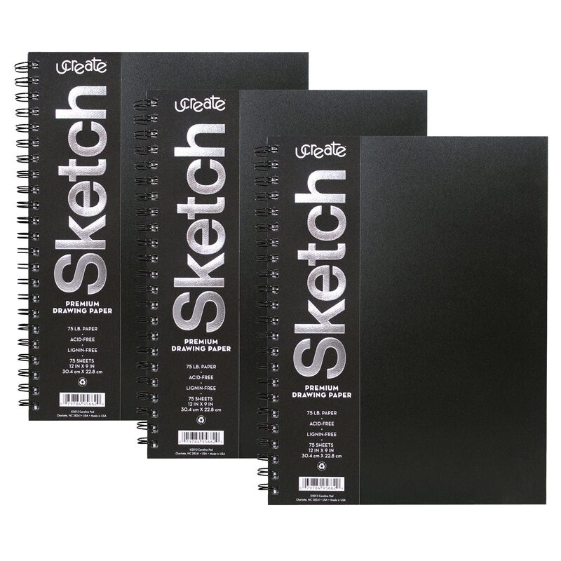 UCREATE Poly Cover Sketch Book, Heavyweight, 12" x 9", 75 Sheets, Pack of 3, Black, White