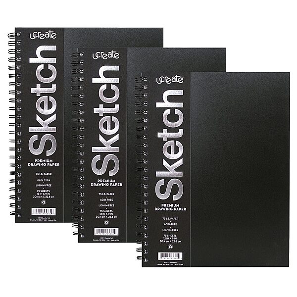 UCREATE Poly Cover Sketch Book, Heavyweight, 12" x 9", 75 Sheets, Pack of 3, Black, White