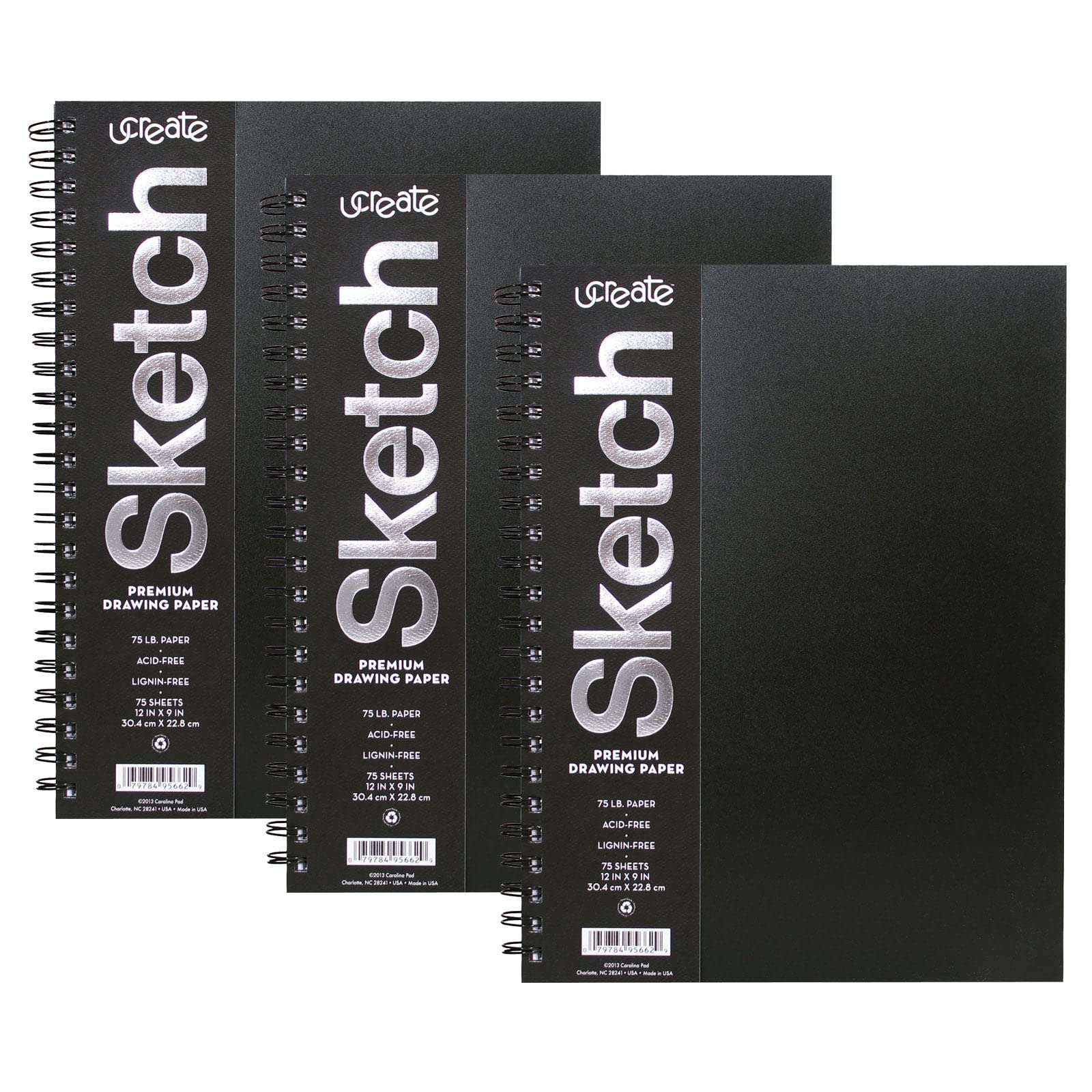 UCREATE Poly Cover Sketch Book, Heavyweight, 12" x 9", 75 Sheets, Pack of 3, Black, White