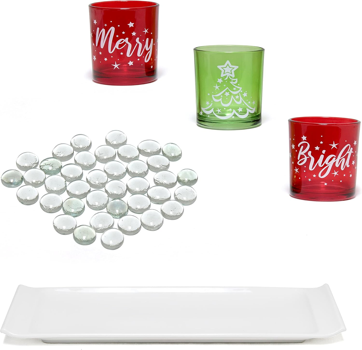 Elegant Designs HG5000-GAR Christmas Décor Winter Wonderland Decoration Glass Candle Set of 3 with Tray and Beads