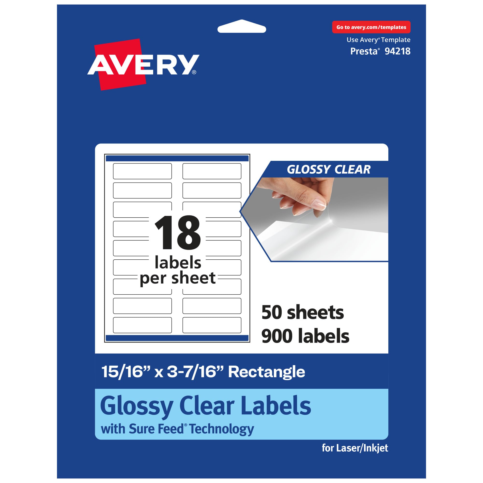 AVERY Glossy Clear Rectangle Labels, Sure Feed Technology, 15/16" x 3-7/16"