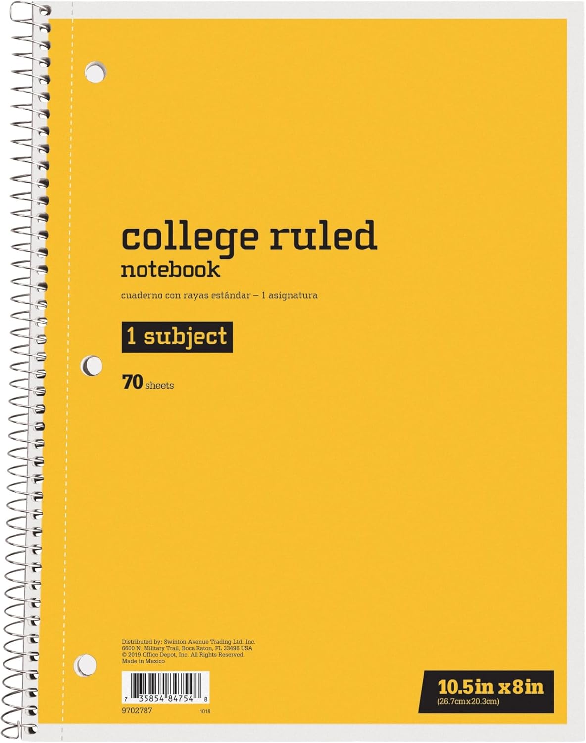 Just Basics® Spiral Notebook, 8" x 10-1/2", College Ruled, 70 Sheets, Yellow