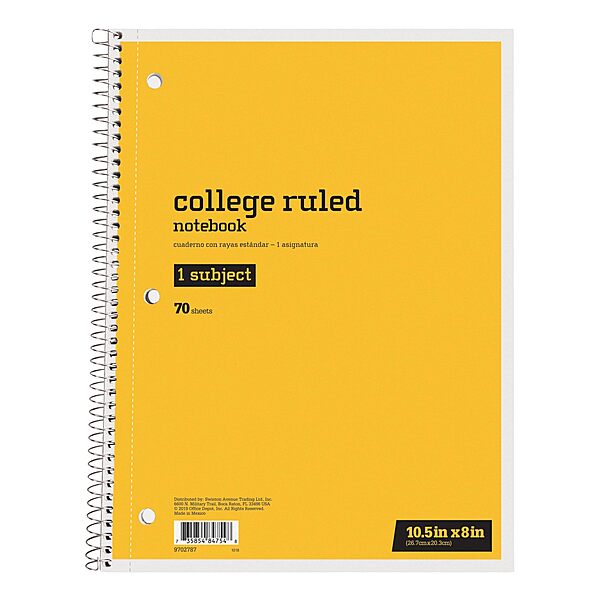 Just Basics® Spiral Notebook, 8" x 10-1/2", College Ruled, 70 Sheets, Yellow
