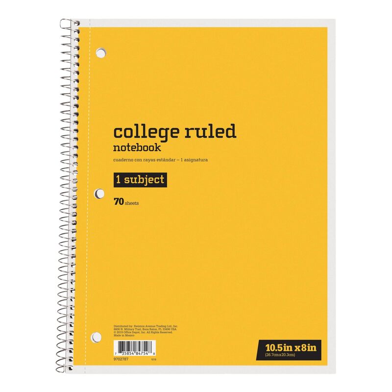 Just Basics® Spiral Notebook, 8" x 10-1/2", College Ruled, 70 Sheets, Yellow