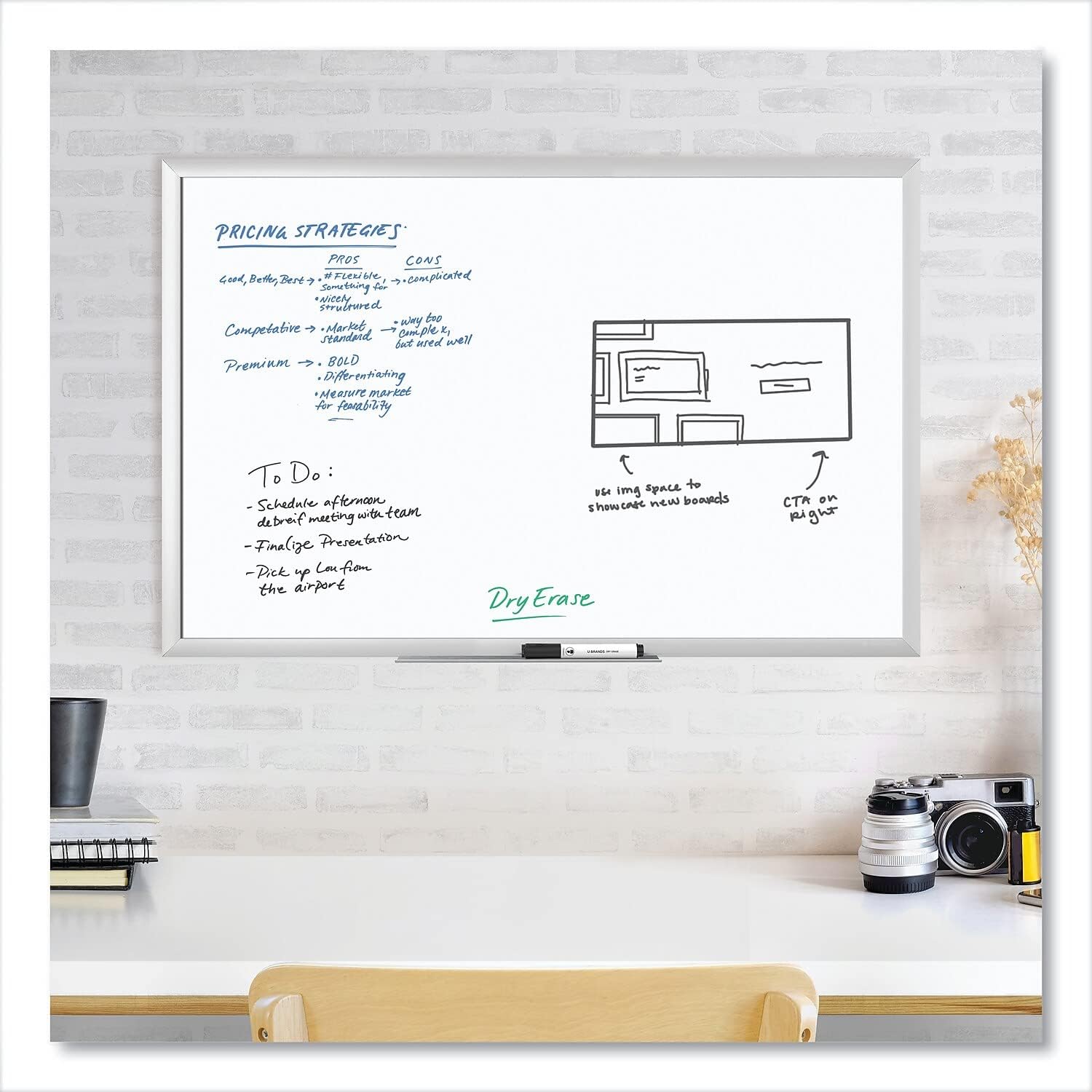 U BRANDS Melamine Non-Magnetic Dry-Erase Board, Silver Aluminum Frame