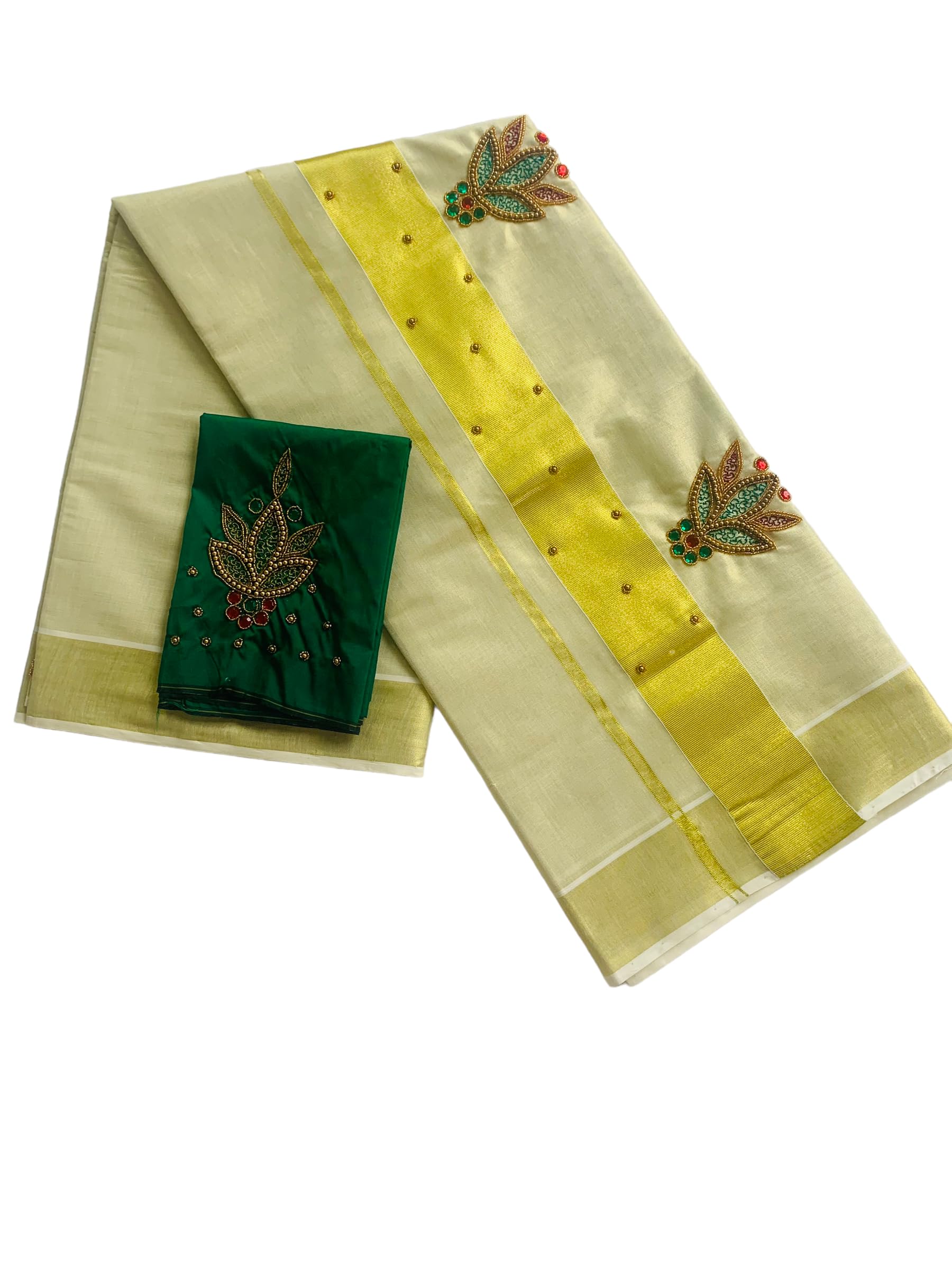 Kuthampully Kerala Kasavu Saree Tissue | Traditional South Indian Saree | Designer Indian Saree | Onam Saree - EKM-810 (Green)